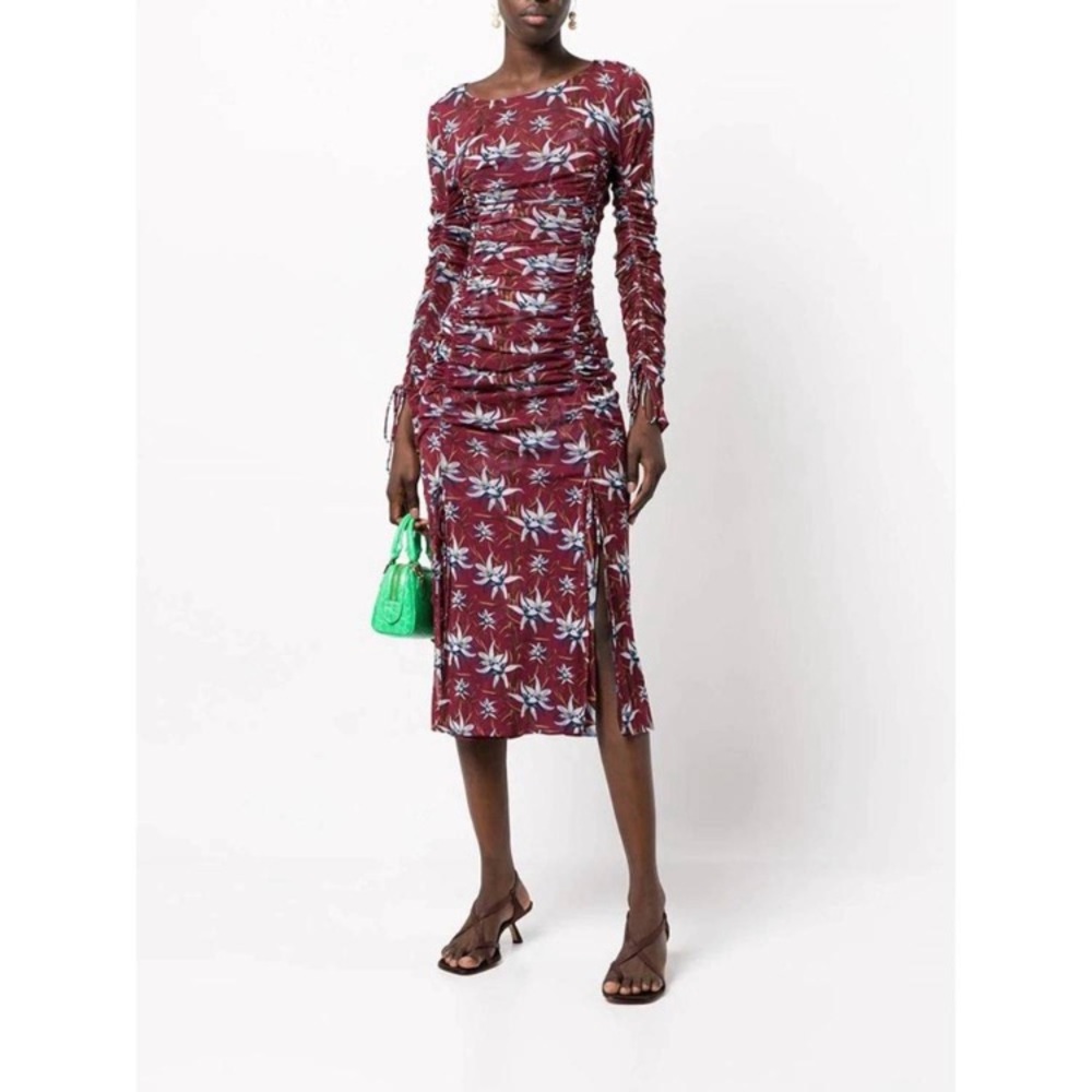 NEW DIANE VON FURSTENBERG corinne mesh ruched midi dress in harlow wine Large - Picture 3 of 11